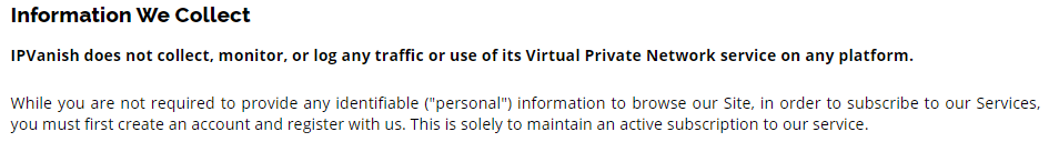 Information collected by IPVanish VPN