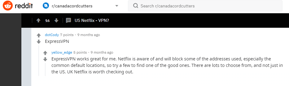 ExpressVPN Выбор Reddits для Netflix