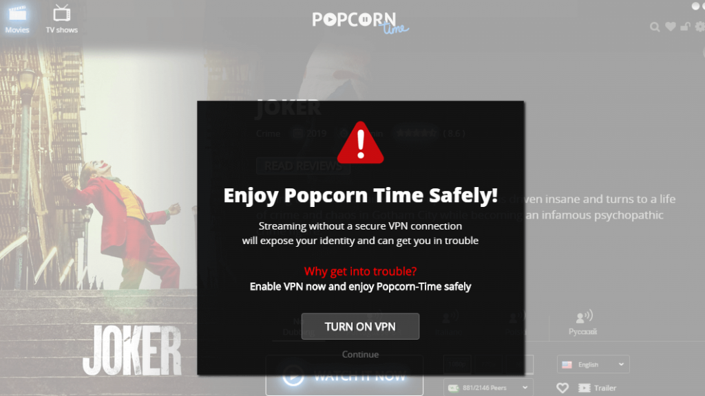 Всплывающее окно Popcorn Time VPN