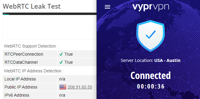 VyprVPN webRTC leak test US server