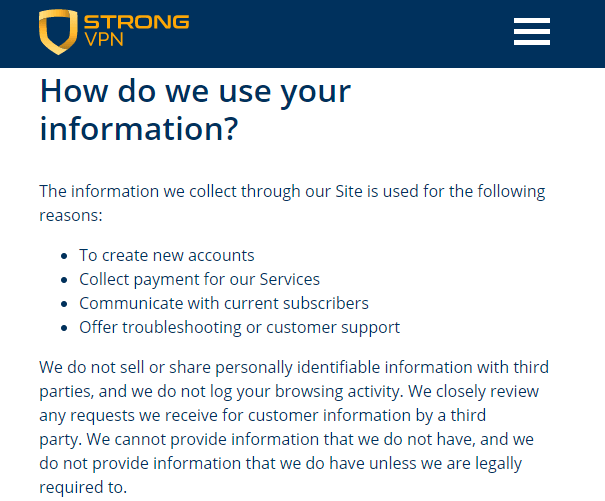 StrongVPN logging policy