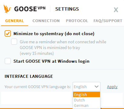 Goose VPN interface and languages