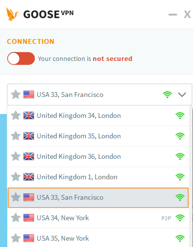Goose VPN server locations on app