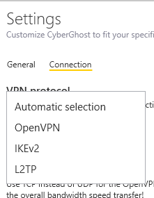 CyberGhost protocol list on windows client