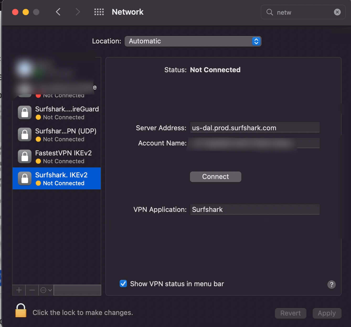 VPN configuration settings on macOS