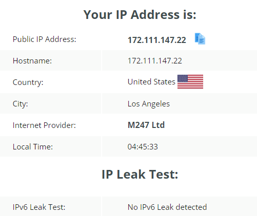 PureVPN Тест на утечку IP сервер в США