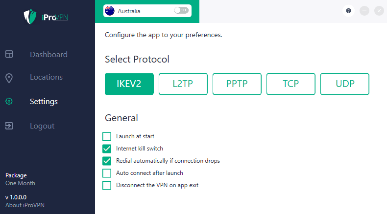 iProVPN settings Windows app