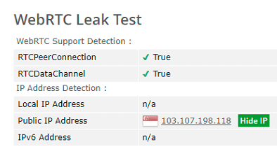 webRTC leak test Singapore server VeePN