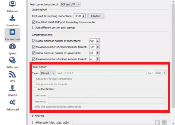 qBittorrent Proxy Server section