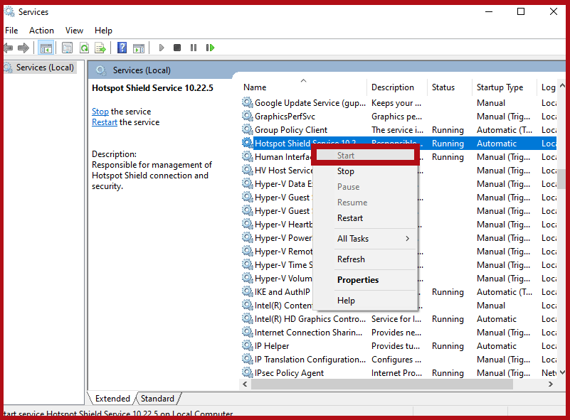 Windows services properties Hotspot shield