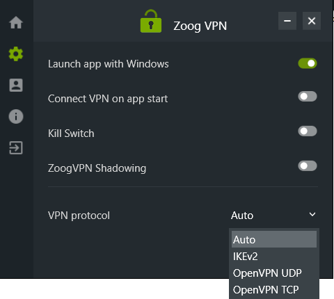 ZoogVPN protocols Windows app