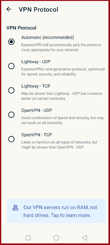 ExpressVPN Android protocols