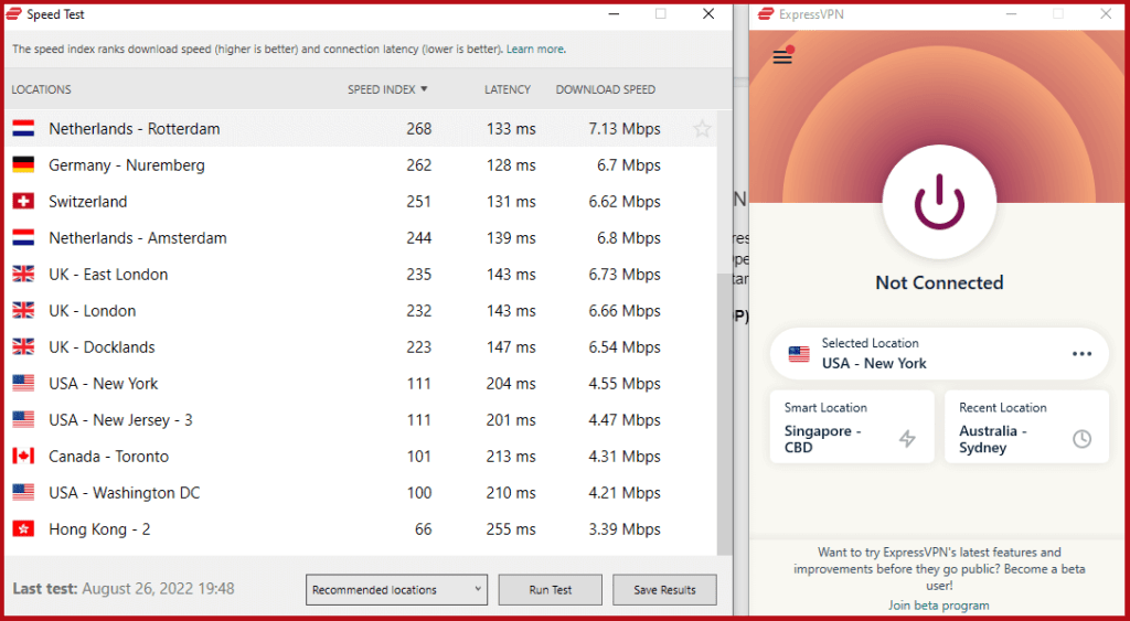 ExpressVPN in-app speed test