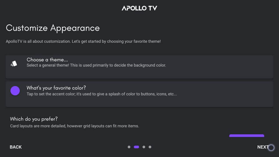 Select Next on apollo tv to customize