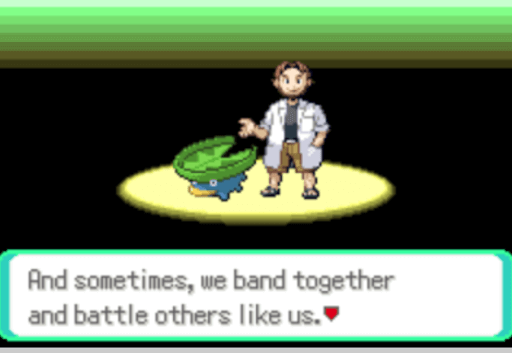 Intro Screen of Pokemon Emerald with Prof Birch and Lotad