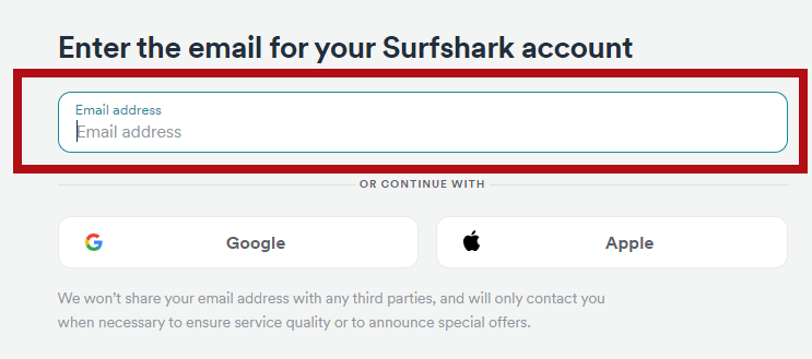 создать окна учетной записи Surfshark