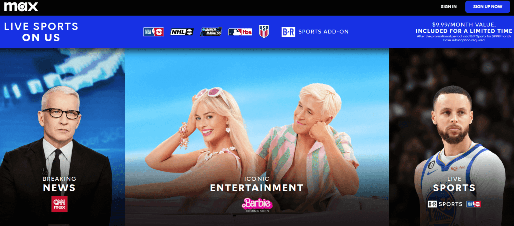 HBO Max Home Page With CNN, Barbie, and Sports