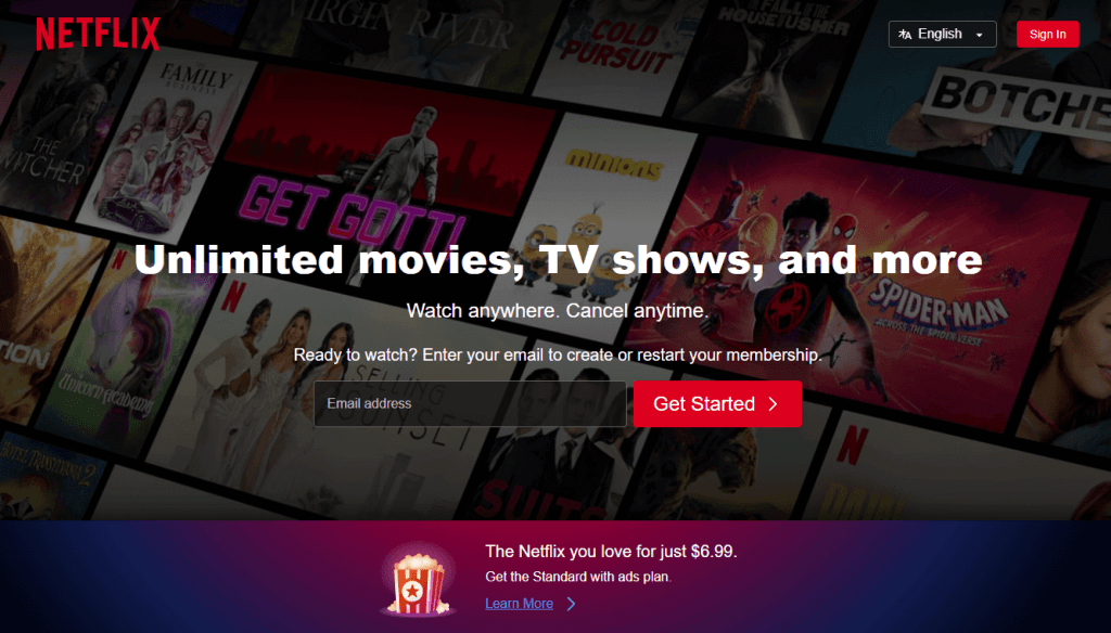 Netflix Home Page With Get Started Box