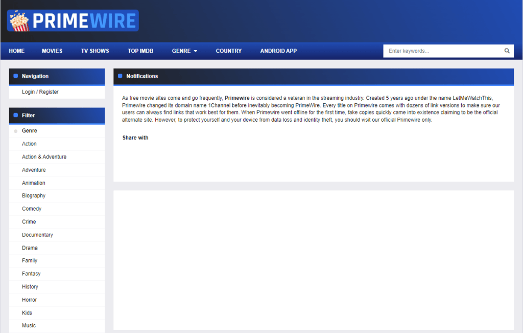 Primewire Home Page
